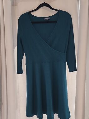 Modcloth Teal Ribbed Wrap Style Knit Dress 3/4 Sleeve